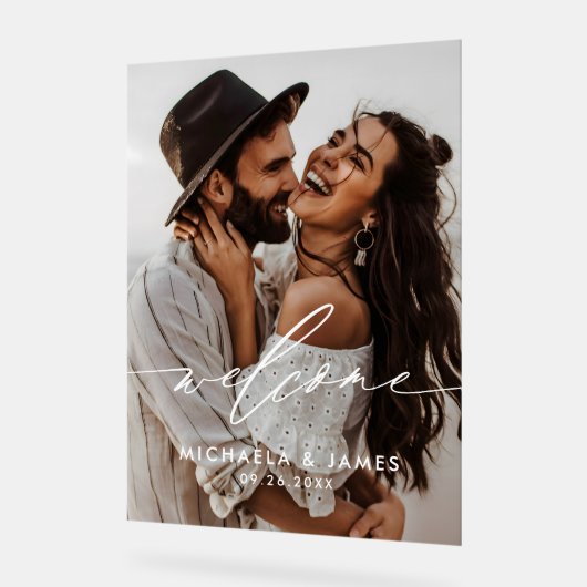 Verloving Welkom Elegant Script Modern Photo Acryl Bord (Hoek)