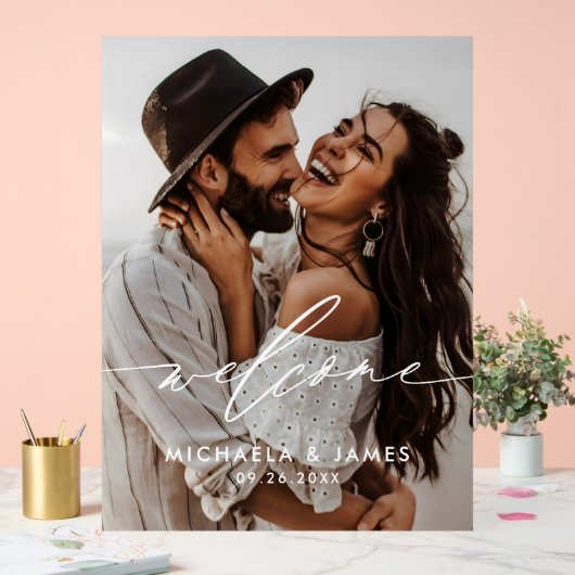 Verloving Welkom Elegant Script Modern Photo Acryl Bord (Huwelijk)