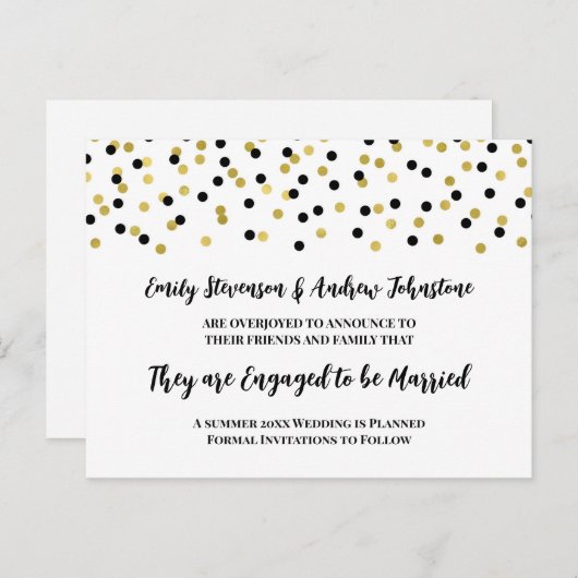 Verlovingsaankondiging met zwarte gouden confetti aankondigingskaart (Voorkant / Achterkant)