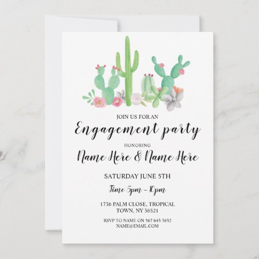 Verlovingsfeest Cactus Cacti Waterverf Uitnodigen Kaart (Voorkant)