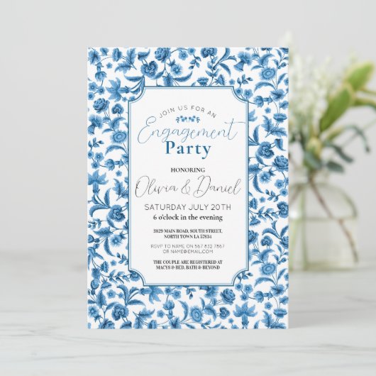 Verlovingsfeest Chintz Blauw & Wit Bloemen Ditsy Kaart (Staand voorkant)