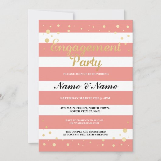 Verlovingsfeest Coral Stripe Gold Glitter Uitnodig Kaart (Voorkant)