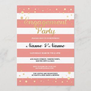 Verlovingsfeest Coral Stripe Gold Glitter Uitnodig Kaart