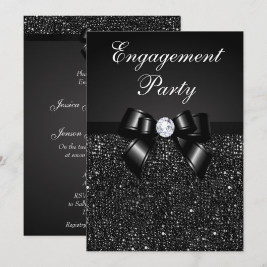 Verlovingsfeest Faux Black Sequins Black Bow Kaart (Voorkant / Achterkant)