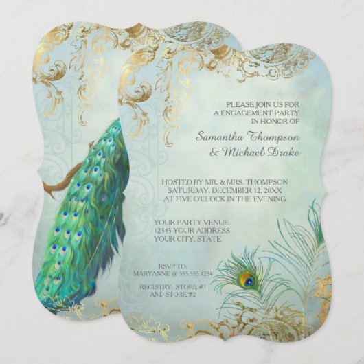Verlovingsfeest Gold Leaf Peacock Feather Elegant Kaart (Voorkant / Achterkant)