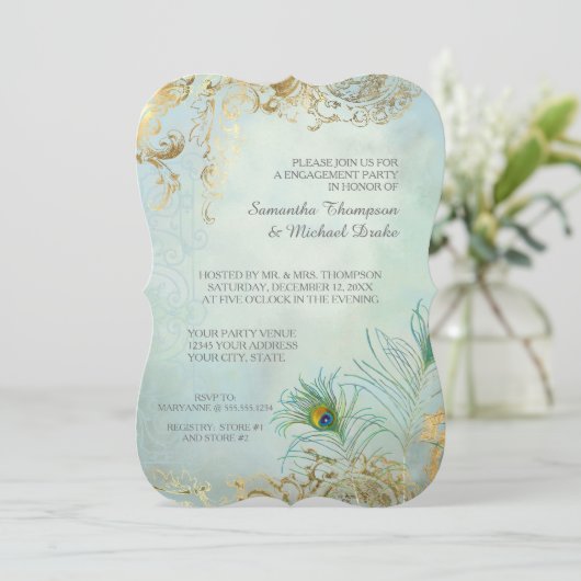 Verlovingsfeest Gold Leaf Peacock Feather Elegant Kaart (Staand voorkant)