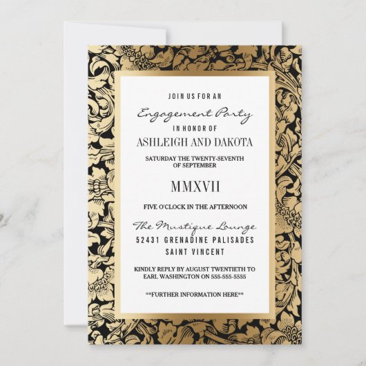 Verlovingsfeest | Golden Floral Damask op Black Kaart (Voorkant)