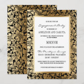 Verlovingsfeest | Golden Floral Damask op Black Kaart (Voorkant / Achterkant)