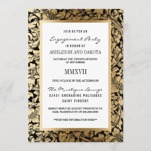 Verlovingsfeest   Golden Floral Damask op Black Kaart