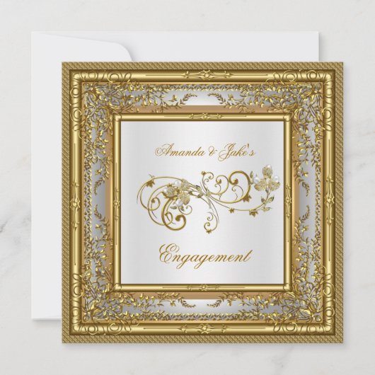 Verlovingsfeest Goud Witte Damast Bloem Kaart (Voorkant)