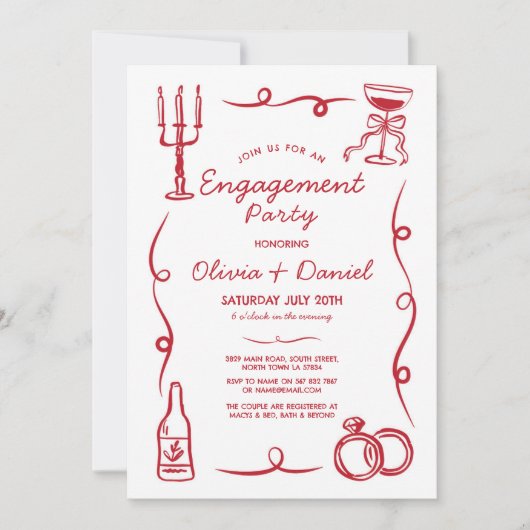 Verlovingsfeest grillige hand getekend Frans rood Kaart (Voorkant)