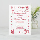 Verlovingsfeest grillige hand getekend Frans rood Kaart (Staand voorkant)