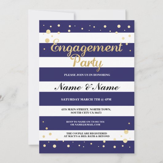Verlovingsfeest Navy Stripe Gold Glitter Uitnodige Kaart (Voorkant)