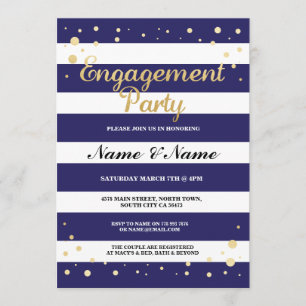 Verlovingsfeest Navy Stripe Gold Glitter Uitnodige Kaart