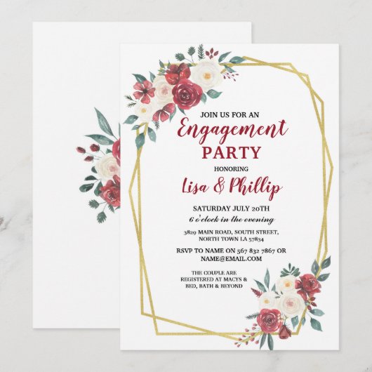 Verlovingsfeest Paar Douche Lijst Gold Red Kaart (Voorkant / Achterkant)
