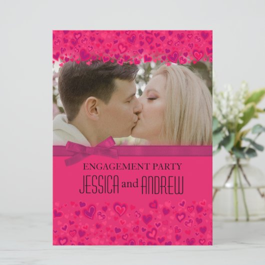 Verlovingsfeest roze harten uw foto-uitnodiging kaart (Staand voorkant)