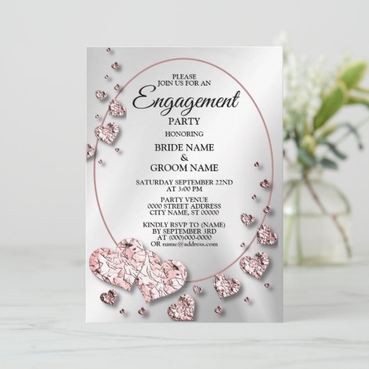 Verlovingsfeest Roze Perzik Glanzende Hart Geometr Kaart (Staand voorkant)