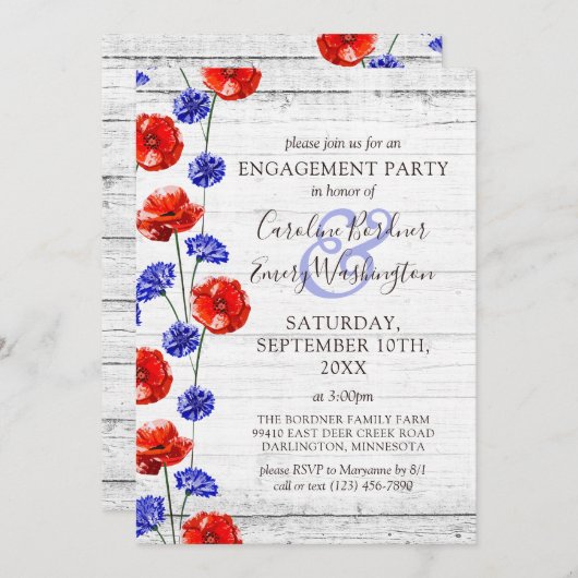 Verlovingsfeest Rustiek Hout & Rood Poppy Land Kaart (Voorkant / Achterkant)