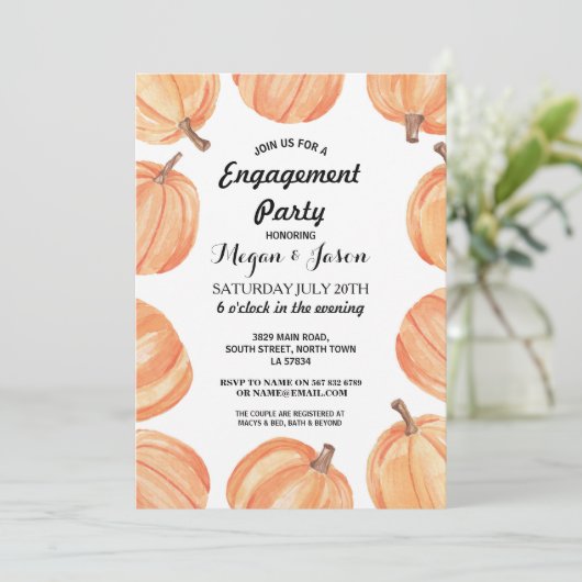 Verlovingsfeest Rustieke Pompoen Aquarel Herfst Kaart (Staand voorkant)