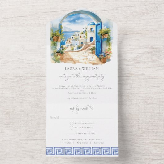 Verlovingsfeest Santorini Griekenland met RSVP All In One Uitnodiging (Binnen)