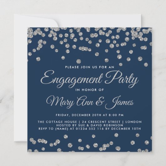 Verlovingsfeest Silver Glitter Confetti Navy Blue Kaart (Voorkant)