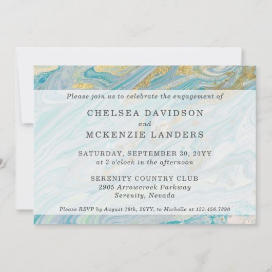 Verlovingsfeest Turquoise & Gouden Marmeren Geode Kaart (Voorkant)