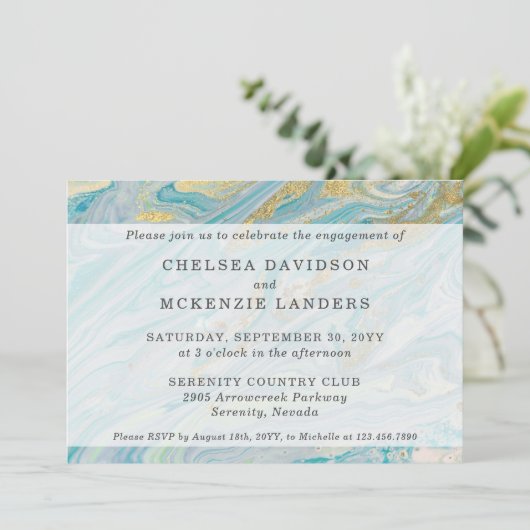 Verlovingsfeest Turquoise & Gouden Marmeren Geode Kaart (Staand voorkant)