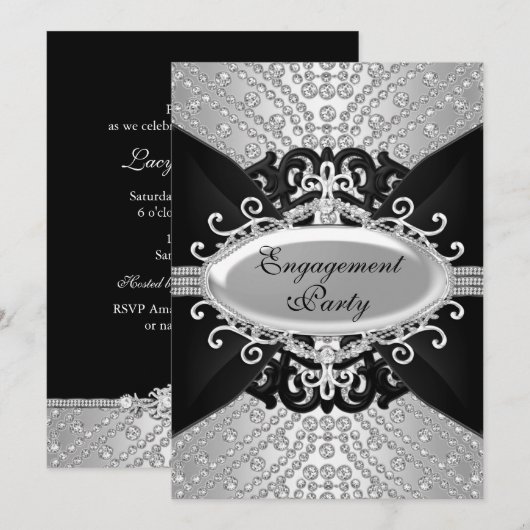 Verlovingsfeest Uitnodiging Diamond Zwart & Zilver (Voorkant / Achterkant)