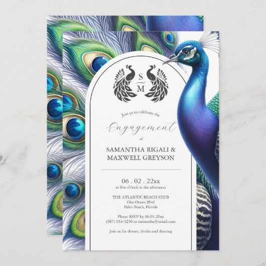 Verlovingsfeest uitnodigingen Majestic Peacock (Voorkant / Achterkant)