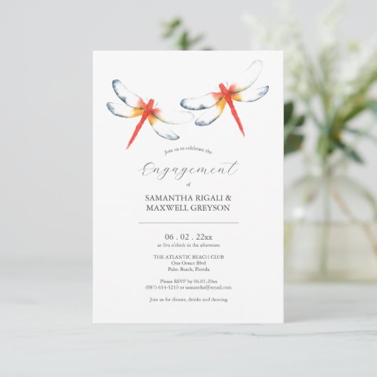 Verlovingsfeest uitnodigingen Red Dragonfly (Staand voorkant)