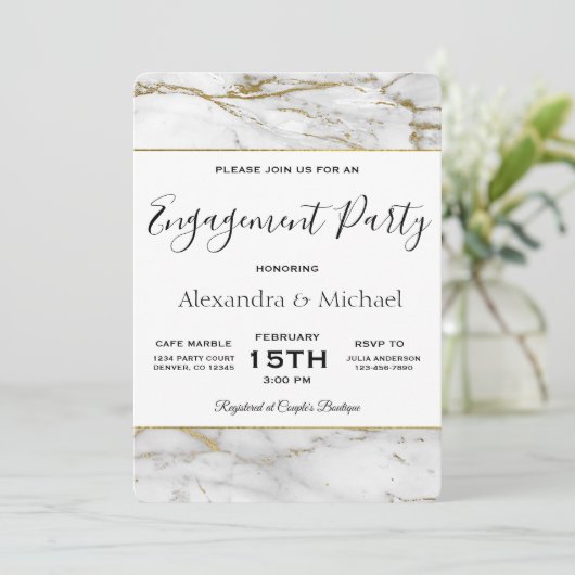 Verlovingsfeest Wit & Goud Marmeren Uitnodiging (Staand voorkant)