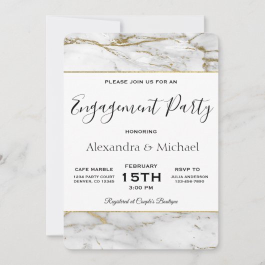 Verlovingsfeest Wit & Goud Marmeren Uitnodiging (Voorkant)