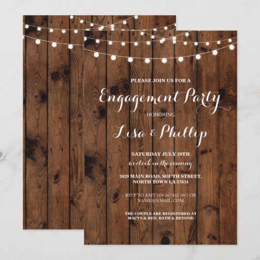 Verlovingsfeest Wood Rustic Lights Douche Uitnodig Kaart (Voorkant / Achterkant)