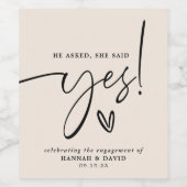 Verlovingsfeestje 'Hij vroeg het, zij zei ja'  Wijn Etiket (Enkel label)