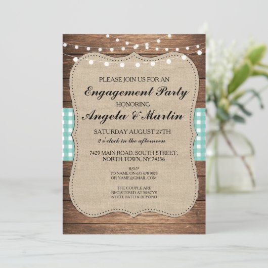 Verlovingsfeestverlichting Blauwgroen Check Wood U Kaart (Staand voorkant)