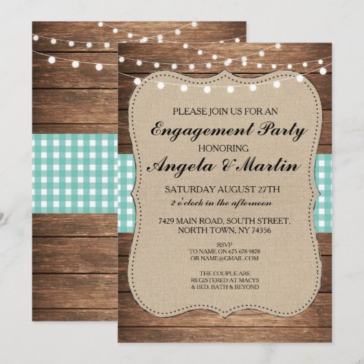 Verlovingsfeestverlichting Blauwgroen Check Wood U Kaart (Voorkant / Achterkant)