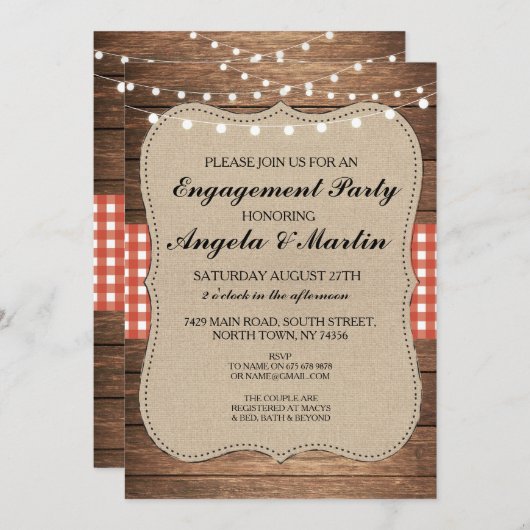 Verlovingsfeestverlichting Rood Check Hout Uitnodi Kaart (Voorkant / Achterkant)