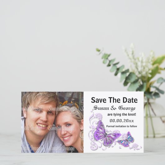 Verlovingsfoto paarsblauw PERSONALISEREN Save The Date (Staand voorkant)