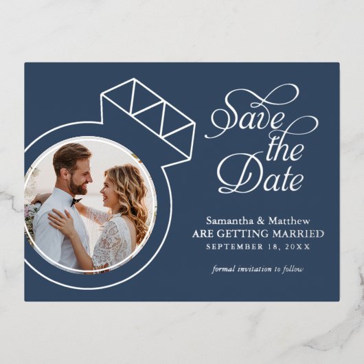 Verlovingsring Foto Huwelijksaankondiging Folie Uitnodiging Briefkaart (Voorkant)