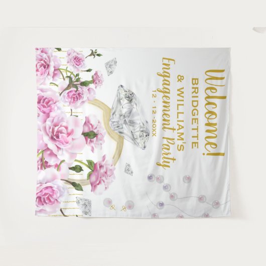 Verlovingsring met Roze Rozen en Parels Wandkleed (Voorkant (horizontaal))