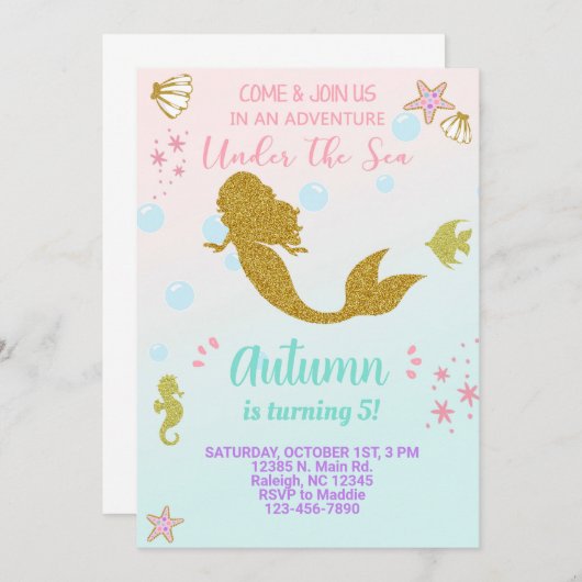 Vermagerd meisje verjaardagsuitnodiging, goud. kaart (Voorkant / Achterkant)