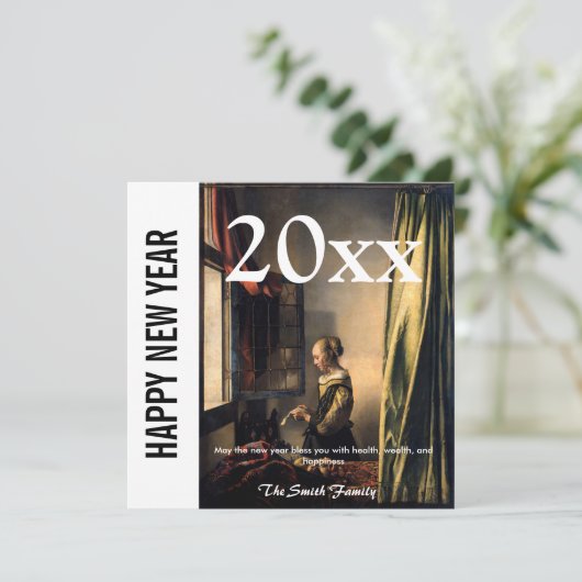 Vermeer - Gelukkig nieuwjaar / Meisje dat een brie Feestdagenkaart (Staand voorkant)