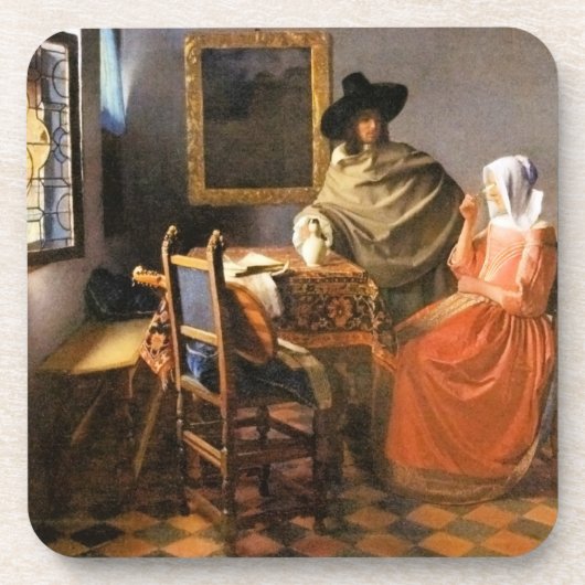 Vermeer - Het glas wijn, beroemd schilderij Bier Onderzetter (Voorkant)