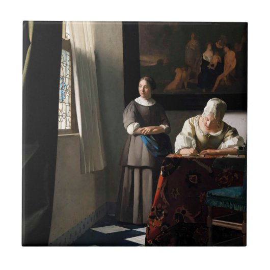 Vermeer - Lady Een brief schrijven met haar Maid Tegeltje (Voorkant)