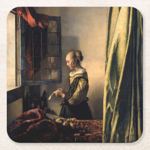 Vermeer - Meisje leest een brief in een open venst Kartonnen Onderzetters