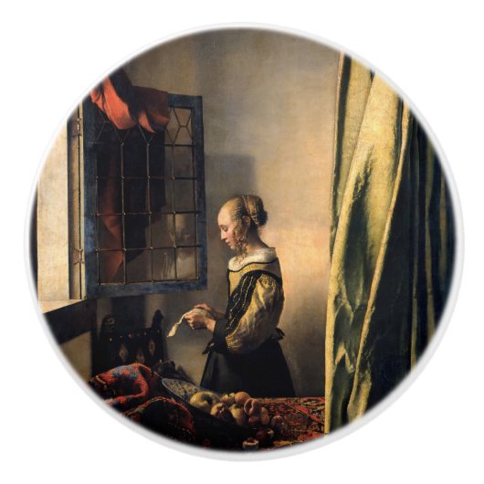 Vermeer - Meisje leest een brief in een open venst Keramische Knop (Voorkant)