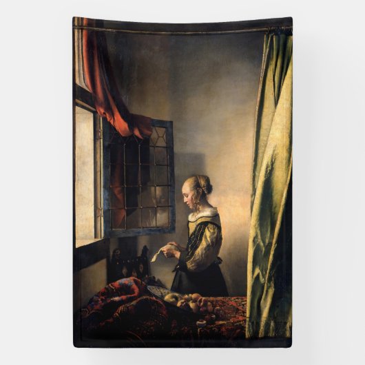 Vermeer - Meisje leest een brief in een open venst Spandoek (Verticaal)