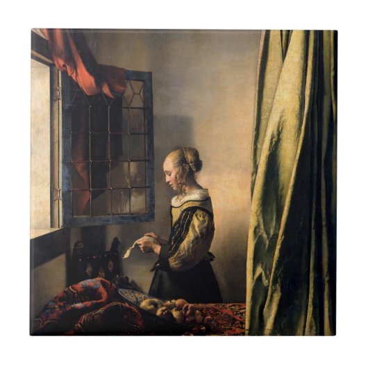 Vermeer - Meisje leest een brief in een open venst Tegeltje (Voorkant)