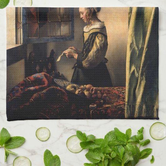 Vermeer - Meisje leest een brief in een open venst Theedoek (Gevouwen)