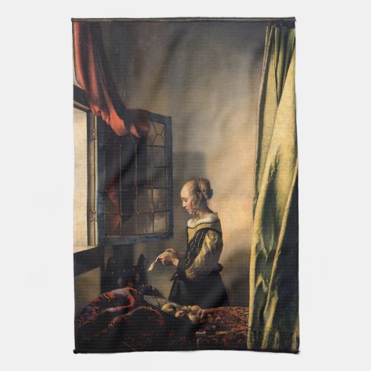 Vermeer - Meisje leest een brief in een open venst Theedoek (Verticaal)